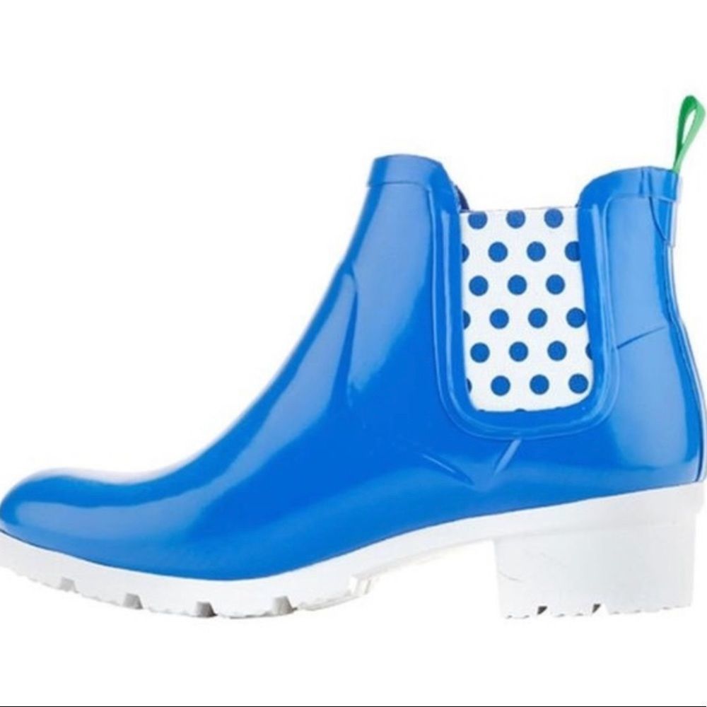 Cougar Terri Handcrafted Rubber Blue Polka Dot Slip On Ankle Rain Boots - Picture 1 of 7